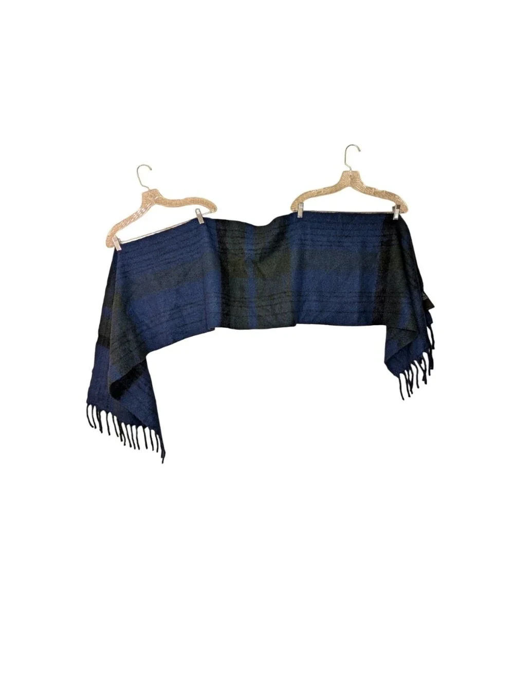 Uniqlo blue tartan plaid scarf soft fringe unisex cozy blanket wrap wool silk